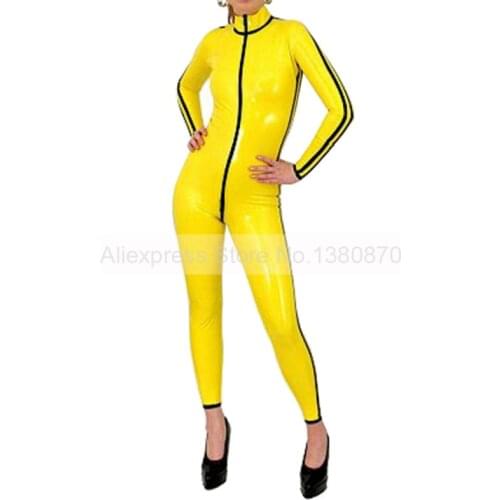 Front Zip Sexy Latex Women Catsuit Yellow And Black Trims Rubber Tight Bodysuit Supply Plus Size Custom Handmade S-LC227