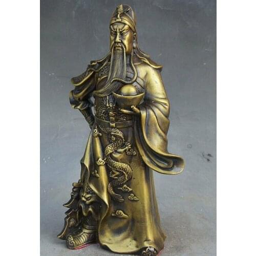 11" Ancient China Dynasty Pure Bronze Dragon Warrior GuanGong GuanYu God Statue