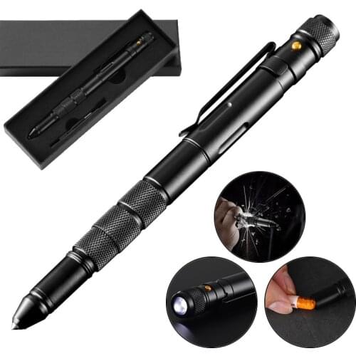 5-In-1 Portable Tactical Pen Flashlight Emergency Glass Breaker Waterproof Storage Case Outdoor Self Defense Rescue EDC Tool