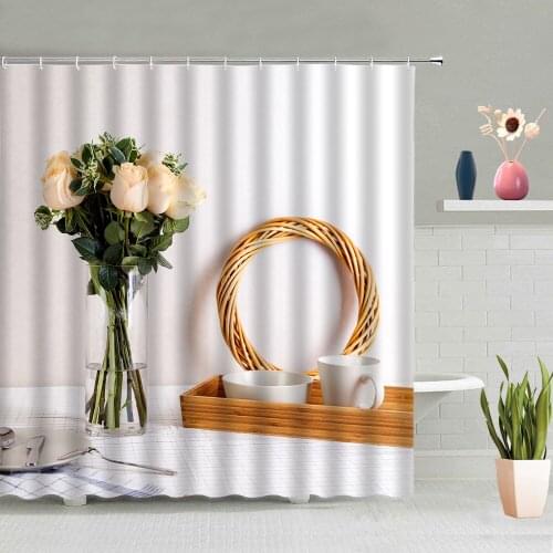 Vase Bouquet Shower Curtain Rose Flower Green Leaf Cactus Literature And Art Style Bathroom Background Decoration With Hook Set