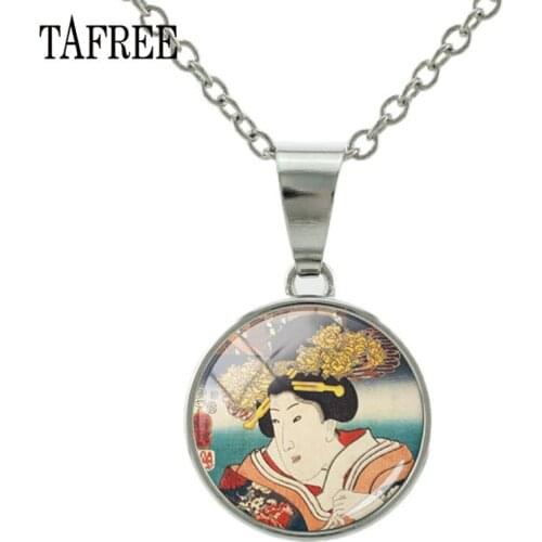 TAFREE Japanese Geisha Traditional Women Painting Necklaces Glass Cabochon Photo Snap Button Necklace Pendant DIY Jewelry JP12