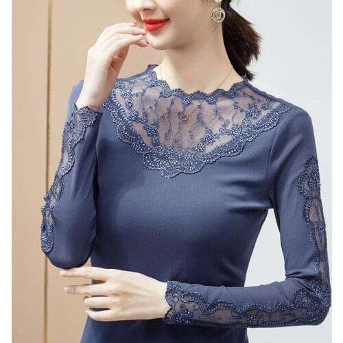 M-4XL New 2021 Autumn Long Sleeve Womens T-Shirt Fashion Casual Hot Drilling Hollow Out Mesh Tops