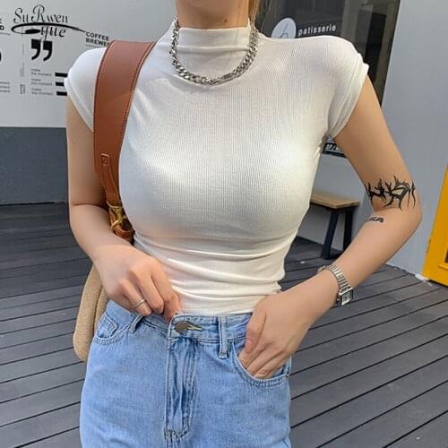 Summer New Korean Style Short Sleeve Womens Blouse Cotton Shirt Fashion Half High Collor Elastic Slim Base Tee Solid Tops 15640