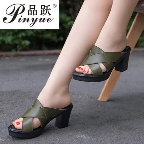 2020 women genuine leather sandals thick heel slippers woman platform wedges summer shoes pumps woman size 35--41
