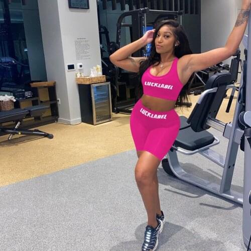 Women Summer Short Pants 2 Piece Suit Casual Sportswear Lucky Label Letter Print Tank Crop Top + Biker Shorts Two Piece Set