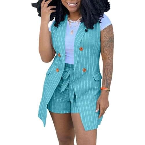 2021 2Pcs/Set Women Summer Vest Suits Stand Collar Sleeveless Stripe Pattern Colorful Two Piece Set Ladies Suit Vest Jacket