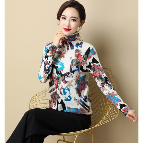 Women Turtleneck Sweater Winter Autumn Floral Jumper Vintage Printing Ladies Slim Knitwear Long Sleeve Sweaters Blouses