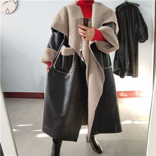 SuperAen New Design Turn Down Collar Faux Leather Plus Size Loose Long Overcoat Women Jacket