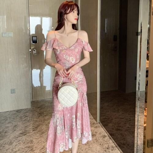 2021 Skirt Summer New Retro Sexy Open Back Ruffle Holiday Suspender Print Dress