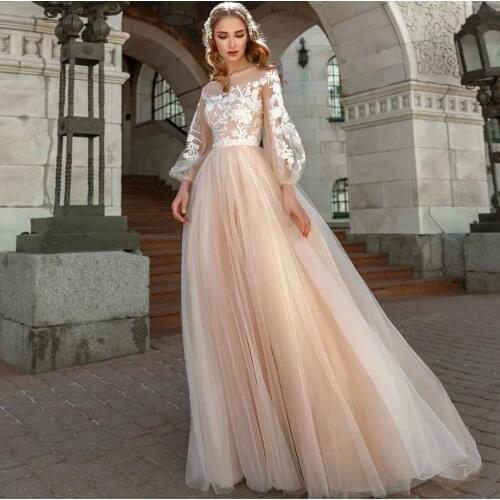 Ligth Champagne Sweet Wedding Dress 2021 A-Line Lace Appliques Long Sleeve Button Sweep Train Bridal Gown Vestidos De Noiva