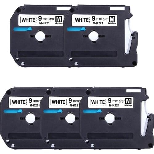 5PACK Label World MK221 Compatible Brother M-K221 Black on White 9mm*8m laminated strong adhesive label tapes for PT-80 PT-70