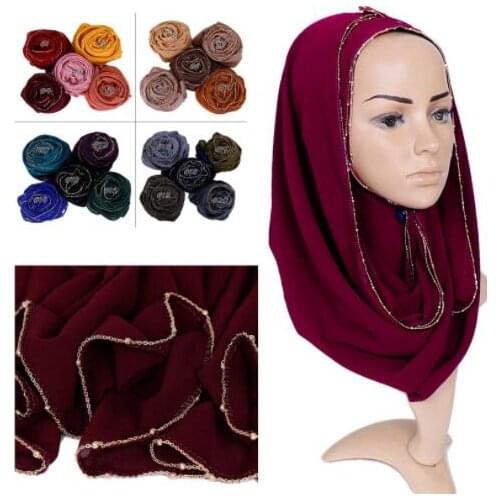 70x180cm plain bubble chiffon scarf Long shawl gold plate chain hijab wrap muslim women head scarf headband islamic scarves