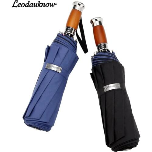 LEODAUKNOW three folding fully automatic double layer umbrella business windproof and uv proof 10K men sunny and rainy umbrella