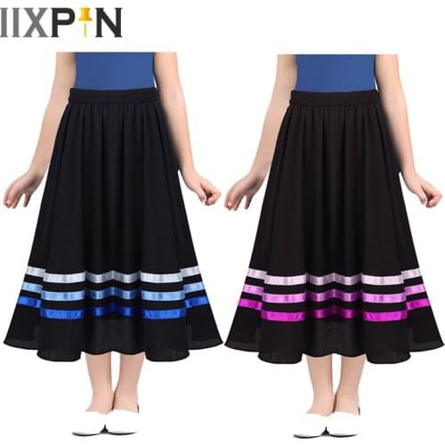 Kids Girls Chiffon Ballet Dance Skirt Elastic Waist Pull-On Full Circle Ribbons Decorated Skirt For Ballet Stage Performance