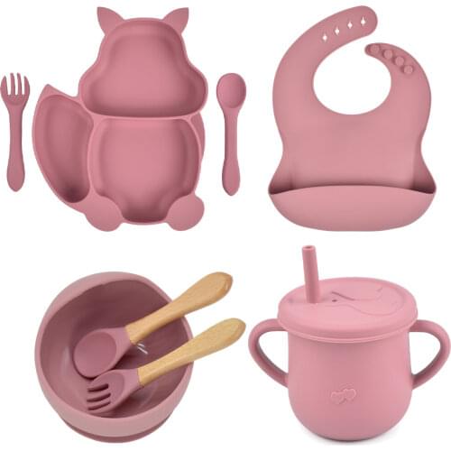 8pcs/set Baby Silicone Dining Plate With Sucker Sippy Cup Set Food Grade Kitchenware Childrens Tableware Compartment Dishes