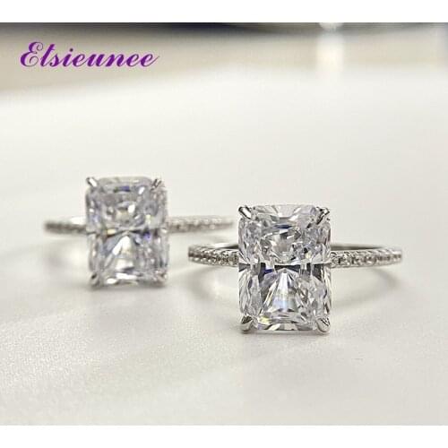 ELSIEUNE Real 925 Sterling Silver Emerald Cut Created Moissanite Diamond Wedding Rings for Women Luxury Proposal Engagement Ring