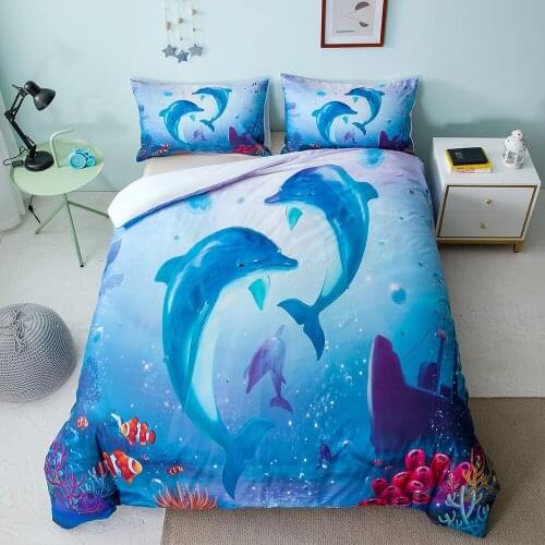 Ocean Duvet Cover Set Dolphin Jellyfish Shark Bedding Set Deep Sea Comforter Set 2/3 Piece With Pillowcase Blue Bed Linen Set