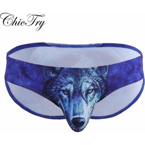 Fashion Mens Lingerie Briefs Wolf/Leopard Printing Bulge Pouch Bikini Briefs Underwear Sexy 3D Print Underwear Triangle Panties