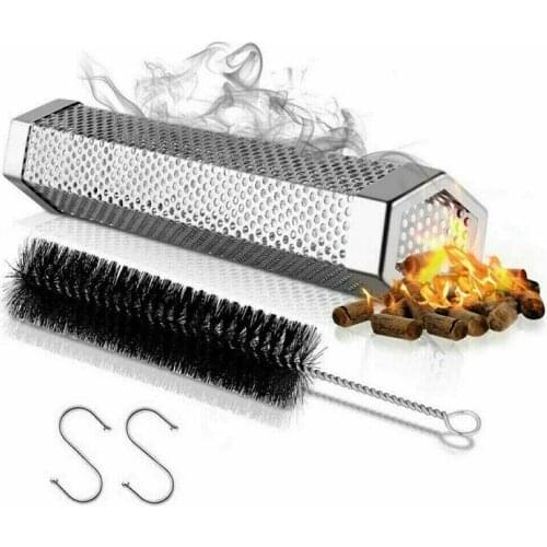 Stainless Steel BBQ Smoker Filter Tube with Cleaning Hook and Brush Barbecue Smoking for Electric Gas Charcoal Portable Grill