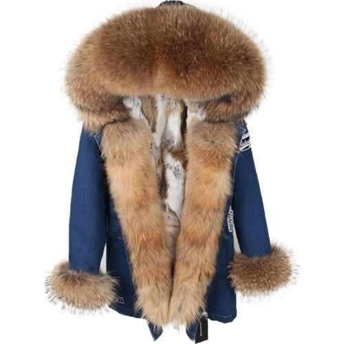 2020 new super large fox fur collar rabbit fur liner fur long section denim labeling slim jacket female