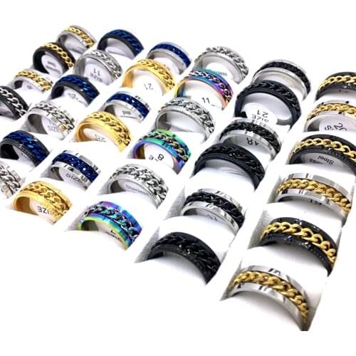 Wholesale 100PCs/Lot Mens Fashion Rings Stainless Steel Chain Spinner Punk Style Biker Jewelry Variety of Colors High Quality
