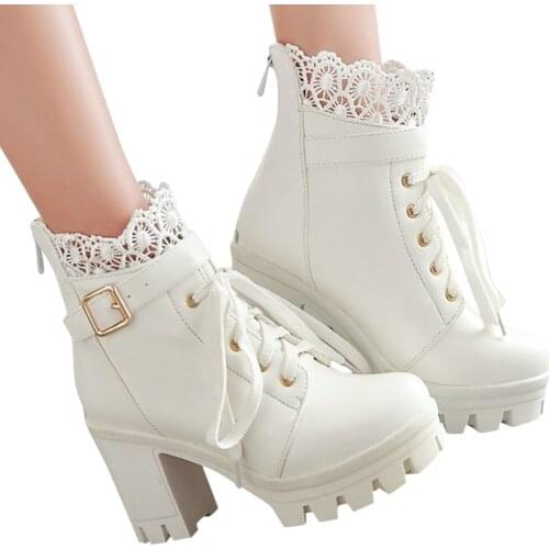 Autumn boots 2021 Fashion Womens Thick High Heel Lace Up Ankle winter boots women Platform Lace Student Shoes botas femininas