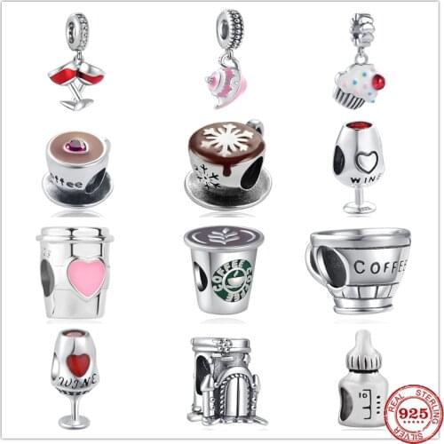 New Wine Cup Coffee Cake Baby Bottle Pendant Dangle Charm DIY fine beads Fit Original Pandora Charms Silver 925 Bracelet Jewelry