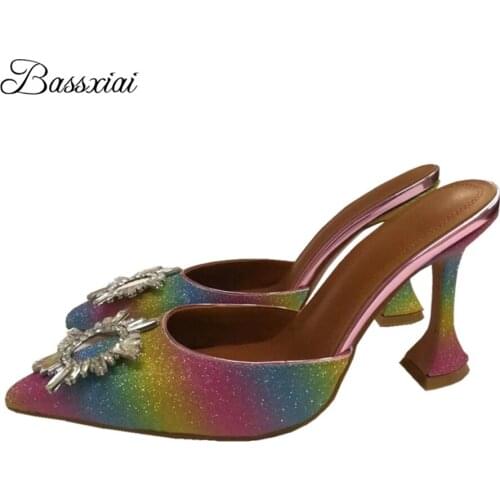 Colorful Bling Sequins Point Toe Sandals For Girls High Goblet Heel Slingbacks Crystal Rhinestone Sunflower Runway Mules Lady