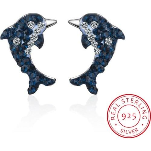 Real 925 Sterling Silver Crystal Dolphin Stud Earrings Oorbellen For Women Girls Kids Children Wedding Party Jewelry Gift