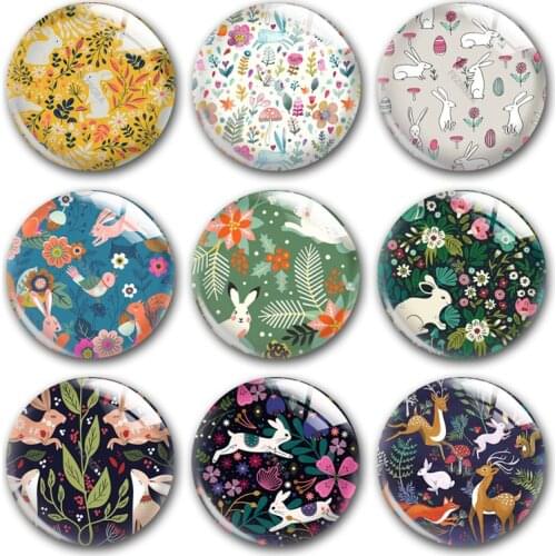 Handmade Happy Easter Bunny Rabbit Wild Flower Round Photo Glass Cabochons Demo Flat Back DIY Jewelry Making Findings Accessory