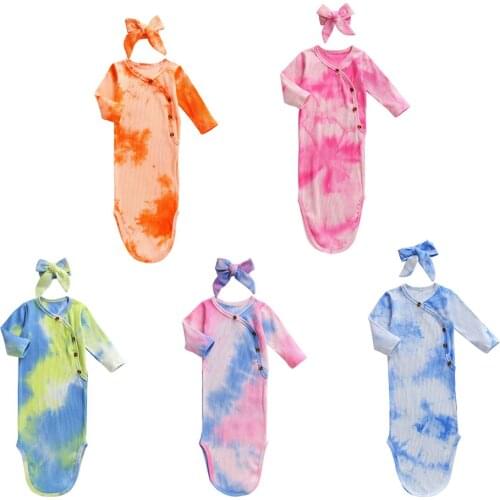 Infant Newborn Baby Ribbed Sleeping Bag Long-Sleeved Romper, Fall V-Collar Buttons Knitting Dye Printed Clothes Headband