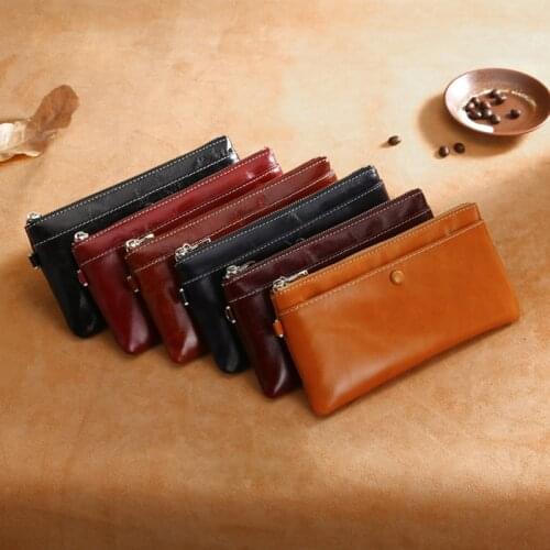 Vintage Style Genuine Leather Hand Wallet Smooth Glossy Phone Purse Long Cow Leather Coin Hand Bag Engrave Customize name logo