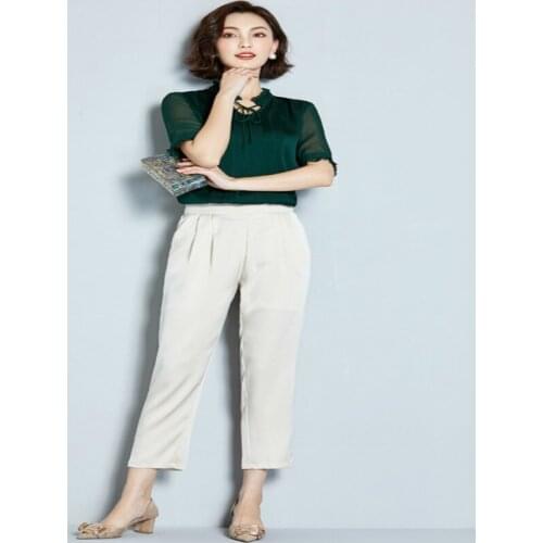 Summer Fashion Real Silk Blusas Mujer De Moda 2020 Elegant Casual V Neck Womens Blouse Ladies Short Sleeve Top S19X258