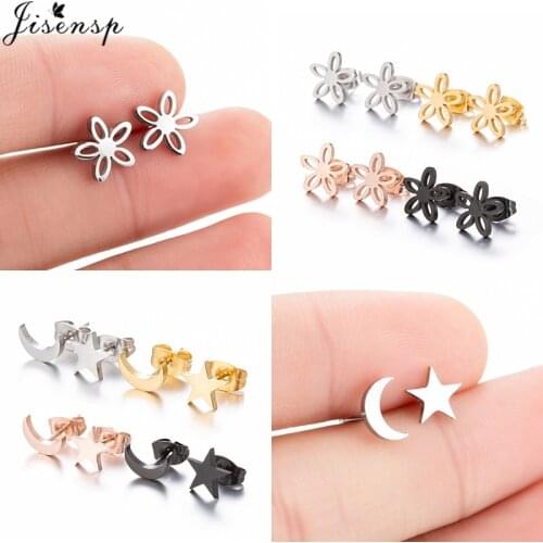 2021 New Stainless Steel Star Moon Stud Earrings for Women Korean Fashion Small Flower Earings Minimalist Jewelry Accessories