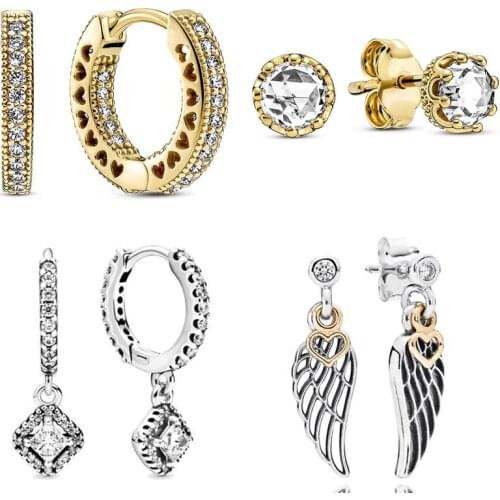 925 Sterling Silver Earring Gold Love Heart & Guidance Crown Square Sparkle Stud Earrings For Women Gift Pandora DIY Jewelry