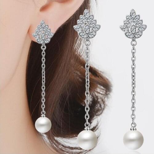 KOFSAC New Fashion 925 Silver Earrings For Women Exquisite Crystal Flower Pearl Long Ear Line Fine Jewelry Valentines Day Gifts