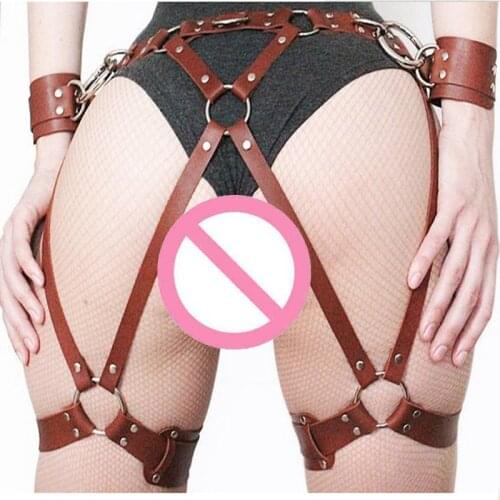Sexy Waist To Leg Body Harness Gothic Punk Garter Belt Adjustable PU Leather Thigh Cage Strap With Wrist Cuff Briefs Accessories