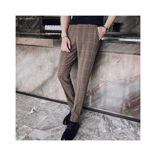 2020 mens trend all-match Korean casual trousers Slim handsome stylish plaid hair stylist small feet slim trousers