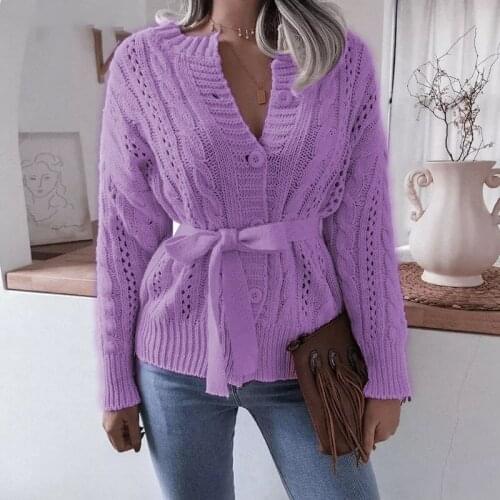 2021 Solid Knitted Cardigan Women Autumn Winter Single Breasted Sashes O-Neck England Style Buttons Tie Waist Vintage Sweater