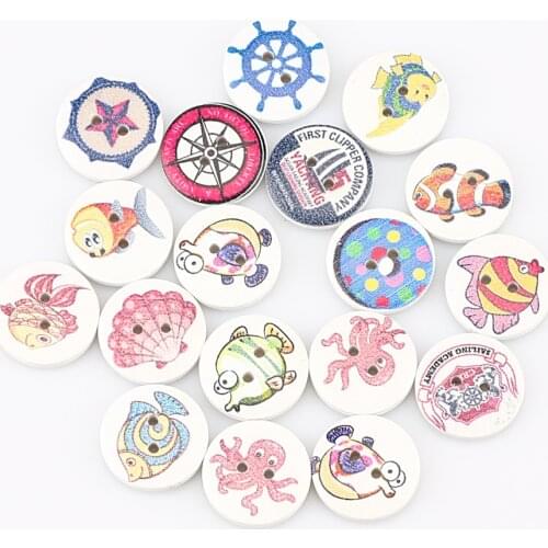 50pcs Round Wooden Button Scrapbooking Mixed animal Pattern Wood Buttons For Clothing Decoration Diy Sewing Accessories 20mm