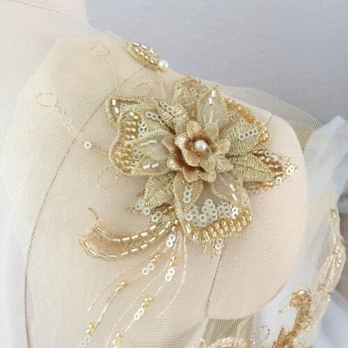 6 Pieces 3D Gold Pearl Beaded Haute Couture Flower Applique Tulle Lace Motif Patch Dance Costumes Bridal Sash Belt