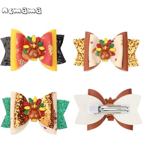 Ncmama 3.16 Inch Thanksgiving Day Hair Bows Christmas Turkey Hairpin Ribbon Bowknot Hair Clips Girls Hair Accessories
