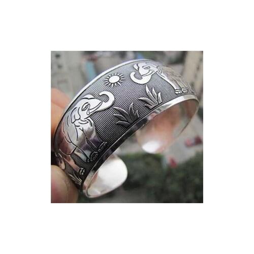 Vintage Elephant Tibetan Tibet Silver Plated Bracelets Charming Elegant Round Metal Cuff Bangles Women Jewelry Gift 6cm*2.5cm