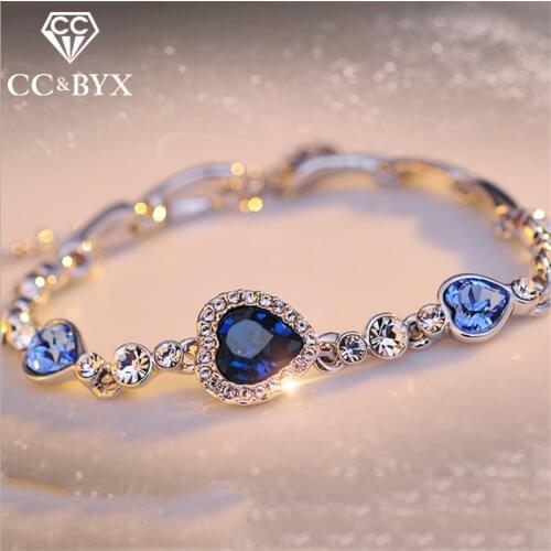 CC Trendy Jewelry Bracelets For Women Blue Stone Heart-Shaped Cubic Zirconia Simple Bangles Bijouterie Drop Shipping B038a
