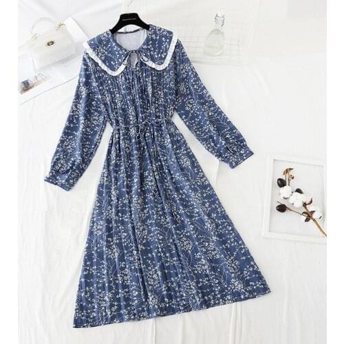 Floral Dress Women Evening Party Casual Long Sleeve Vintage Dress Female baby face One-piece Dress Korean 2021 spring