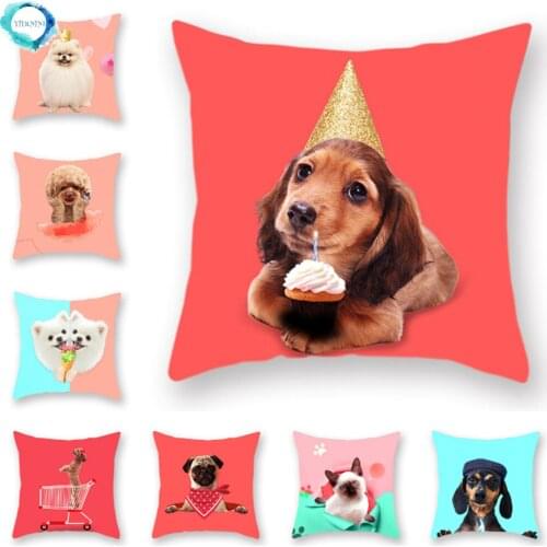 Cartoon Animal Dog Eating Ice Cream Decorative Polyester Throw Pillowcase Home Pink Red Sofa Car Waist Cushion Cover 45x45cm