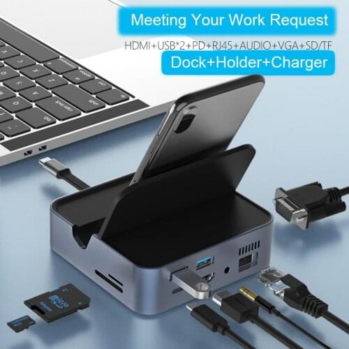 9in1 Type-C Docking Station Smartphone USB C Hub to HD 4K VGA RJ45 USB3.0 TF / SD Reader 3.5mm Audio PD Fast Charging Conver