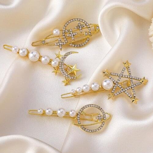 Dream Planet Star Moon Pearl Word Hairpin Headdress Girl Bangs Alloy Luxury Hair Side Clip Frog Buckle Clip Hair accessories
