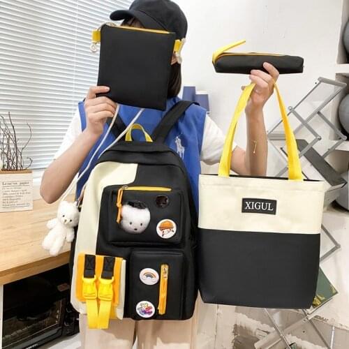 4-piece Set Fashion Women Backpack Canvas Waterproof School Bag For Girls Large-capacity Backpack With Many Pockets Student Bags