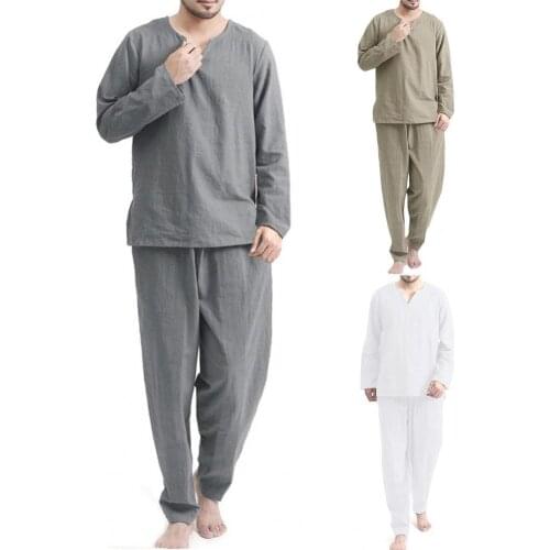 2pcs/Set Pajama Sets Men Solid Color Long Sleeve Pullovers Top Elastic Waist Pant Pijamas Male Sleepwear Nightwear pyjama homme